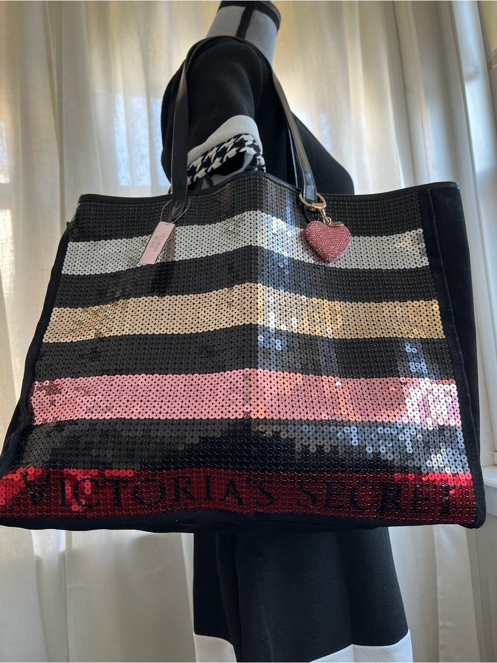 Victoria's Secret Black Sequin Stripe Tote with Pink Heart Charm, NWT